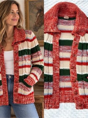 VTG Skiva Striped Button‑Front Cable Knit Cardigan Sweater - Red, Green & Cream